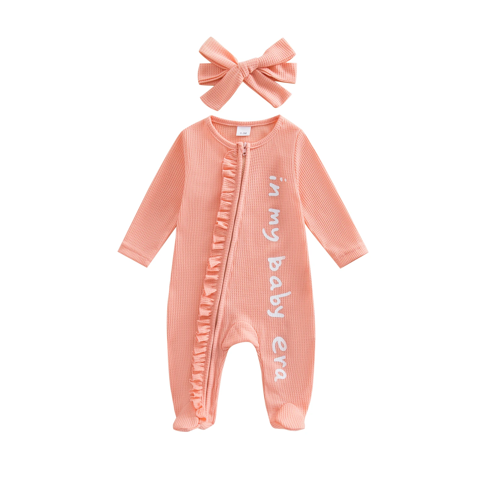 Baby Girls 2 Piece Outfits Cute Long Sleeve Round Neck Letter Print Full Length Footed Jumpsuit with Headband 0-12M