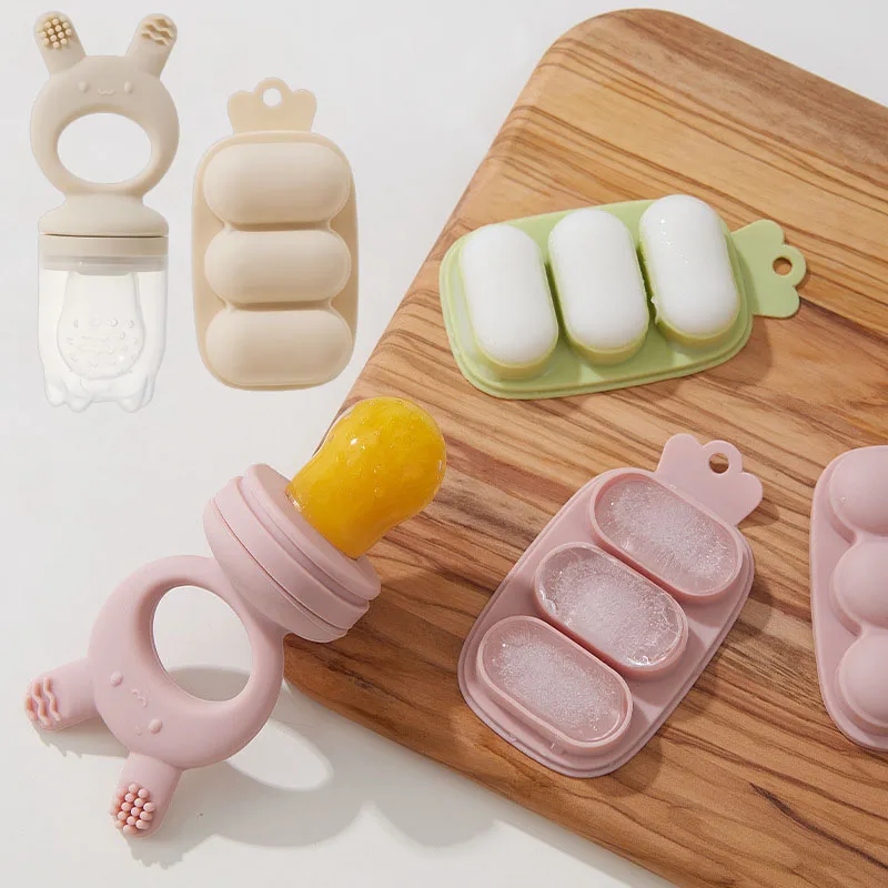 2 unids/set alimentador de alimentos de dibujos animados para bebé, sin BPA, de silicona, anillo de mano para niños pequeños, contenedor de almacenamiento de suplemento alimenticio, molde de rejilla para helado