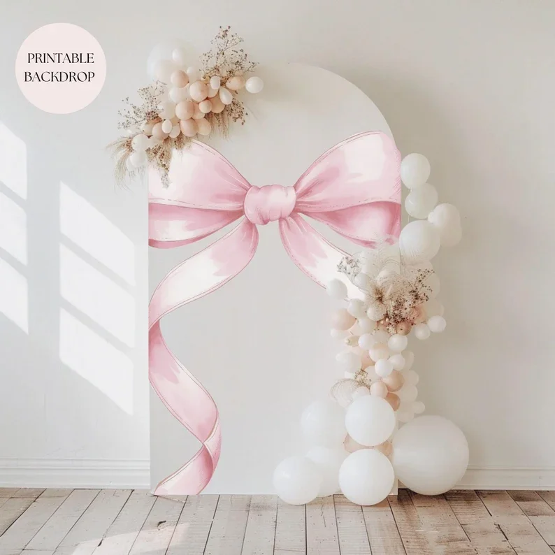 Mehofond Pink Bow Balloon Backdrop Cover Coquette Girl First Birthday Baby Shower Decor 2-sided Chiara Photo Background Photo