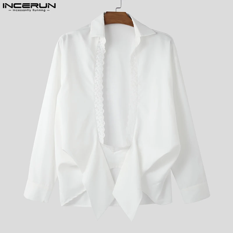 INCERUN Tops 2026 American Style Fashion New Men Lace Patchwork Solid Color Shirts Casual Simple Male Long Sleeved Lapel Blouse