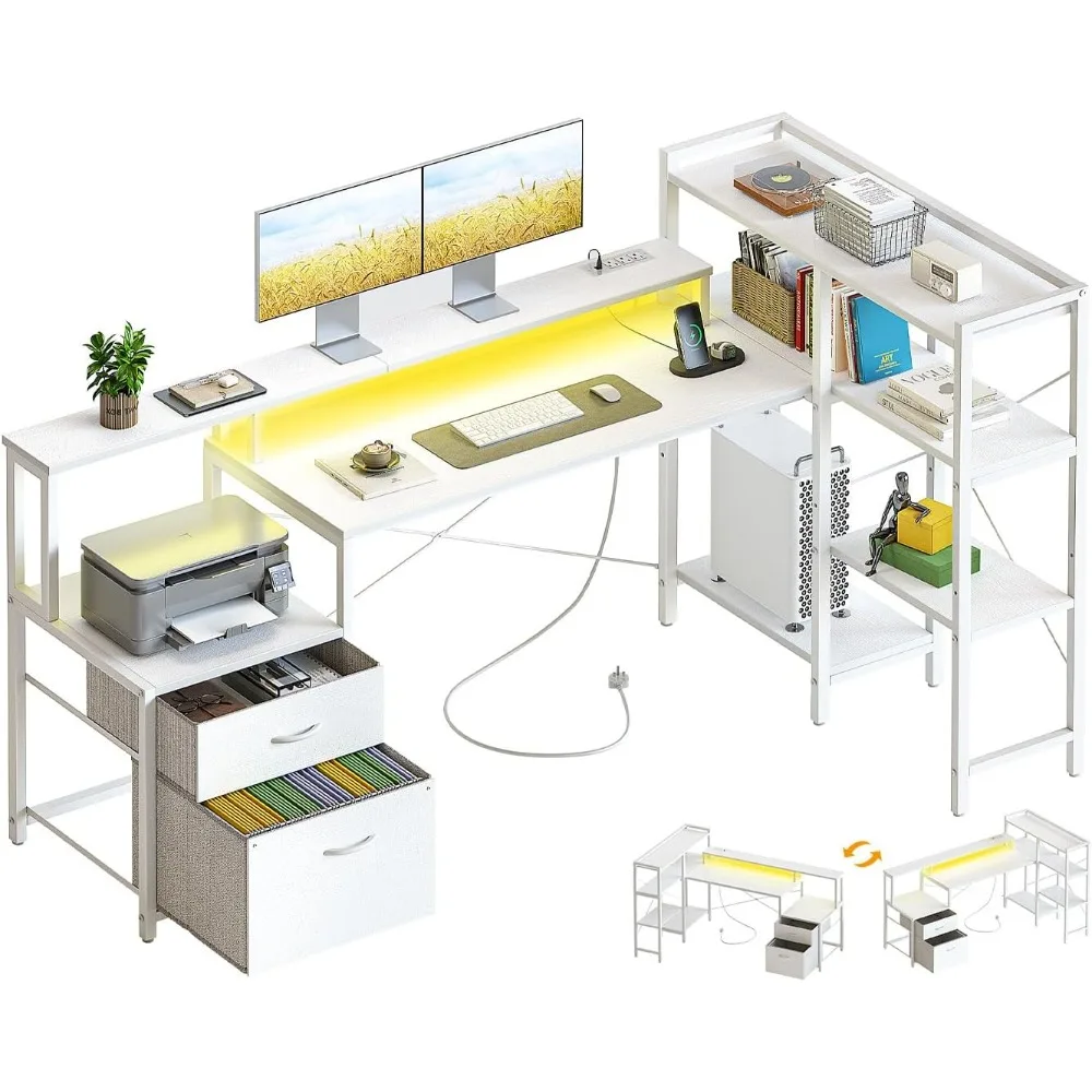 

75 inch Computer Desk with Drawers, Reversible Home Office Gaming Corner Desk with LED Lights and Power Outlet File Cabinet, Ad
