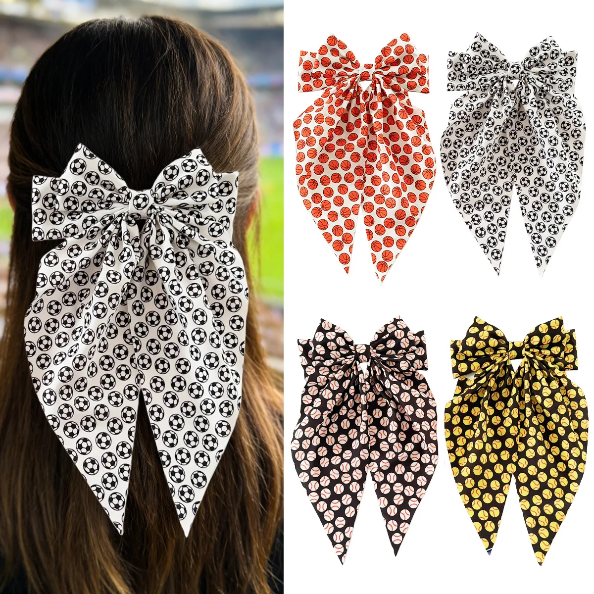

Football and Rugby Prints Hair Clip Oversized Bow Ribbon Barrettes Ponytail Clip for Women Girls Party Hair Styling Accessories