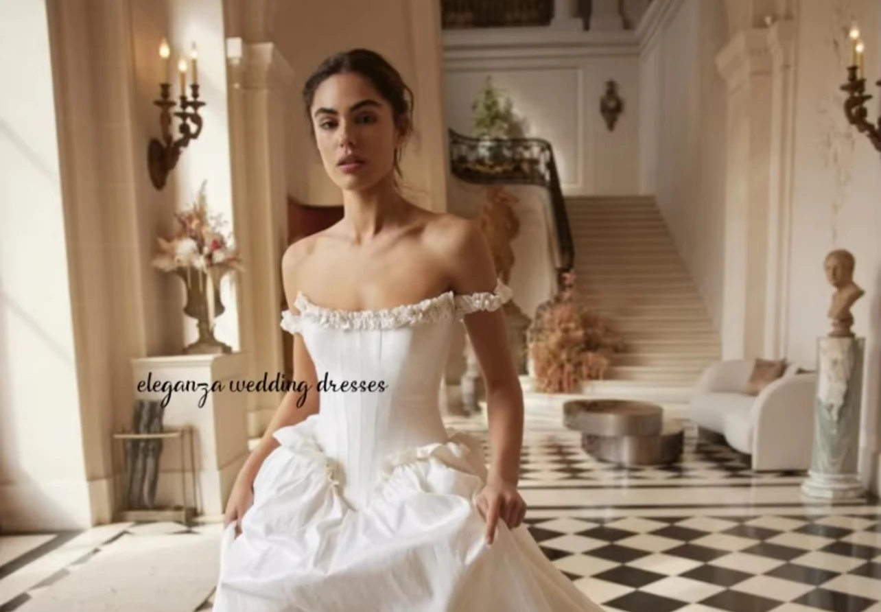 

Customized Elegant A-Line 3D Flowers Wedding Dresses Sweetheart Off The Shoulder Open Back Pleat Bridal Gowns Vestido De Novia
