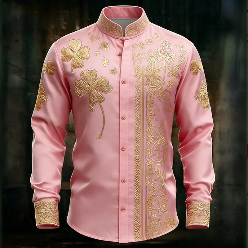 New Men's Long Sleeved Shirt with Gold Clover Rack Print, Fashionable and Luxurious Long Sleeved Shirt Top