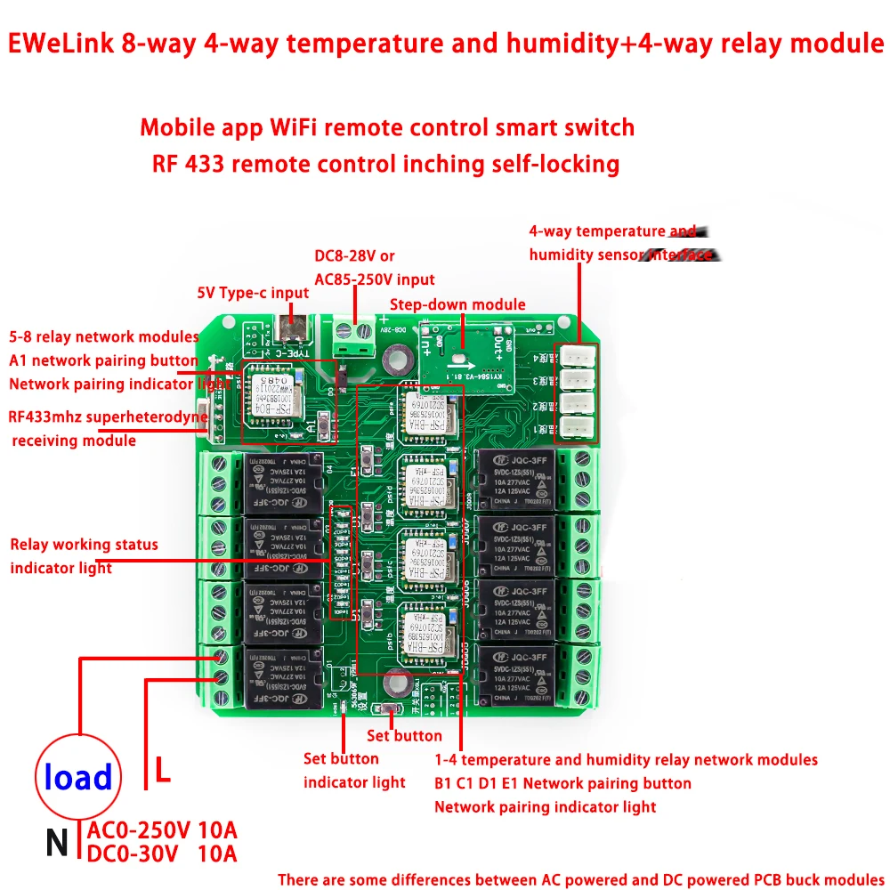 8 Channel Ewelink Smart Switch 4 Channel Temperature and Humidity + 4 Channel Wireless WiFi Relay with RF433mhz Remote Control