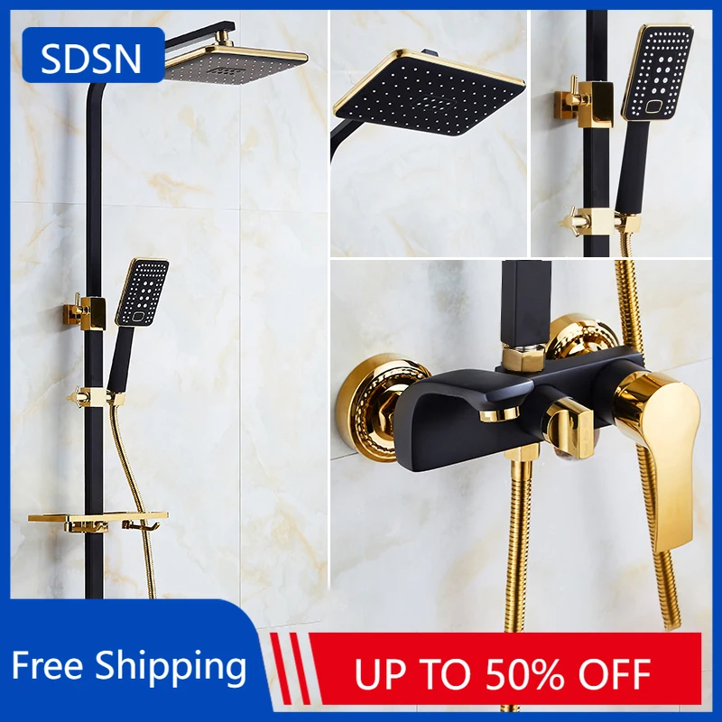 SDSN Hot Cold Bathroom Shower System Set 12 Inch ABS Hand Shower Head Wall Mounted Brass Black Gold Bathrooom Shower System