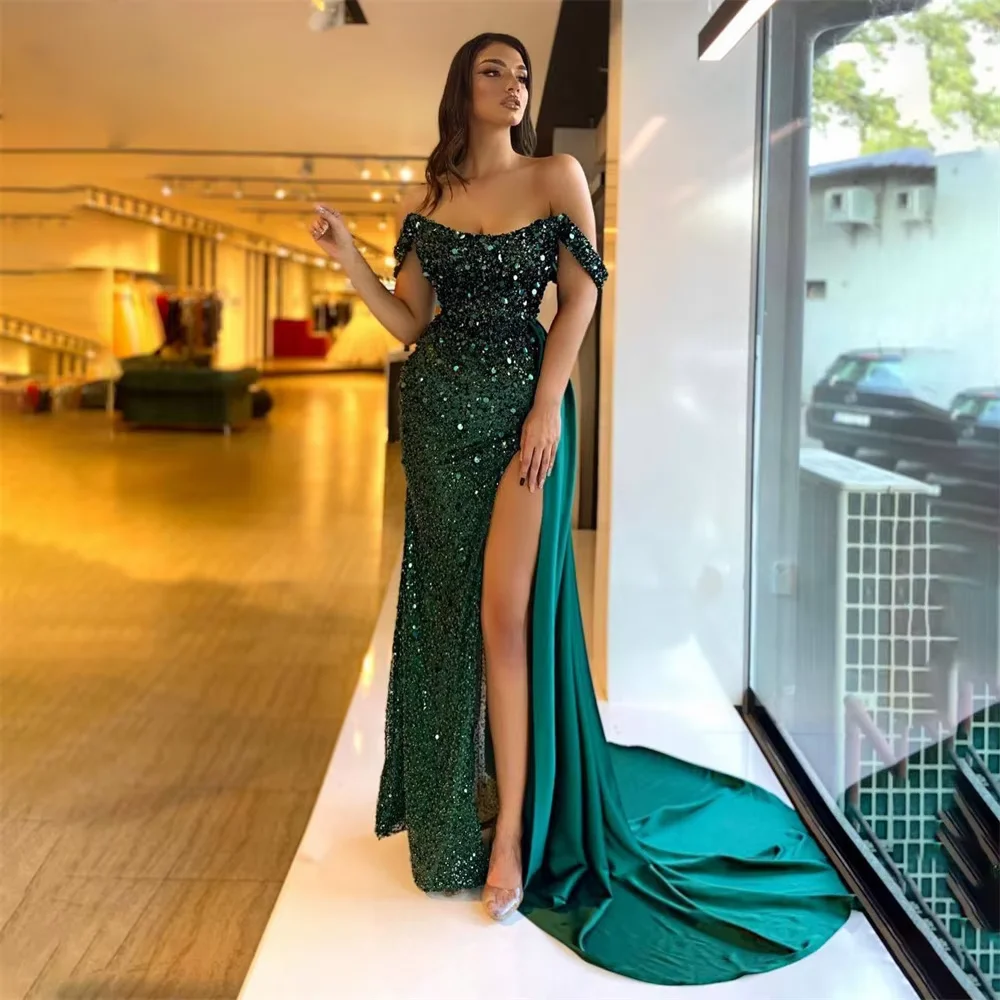 

Customized Women's Evening Dresses with Green Sparkling Glitter Side Split Celebrity Dress Off Shoulder Formal Long Party Dress