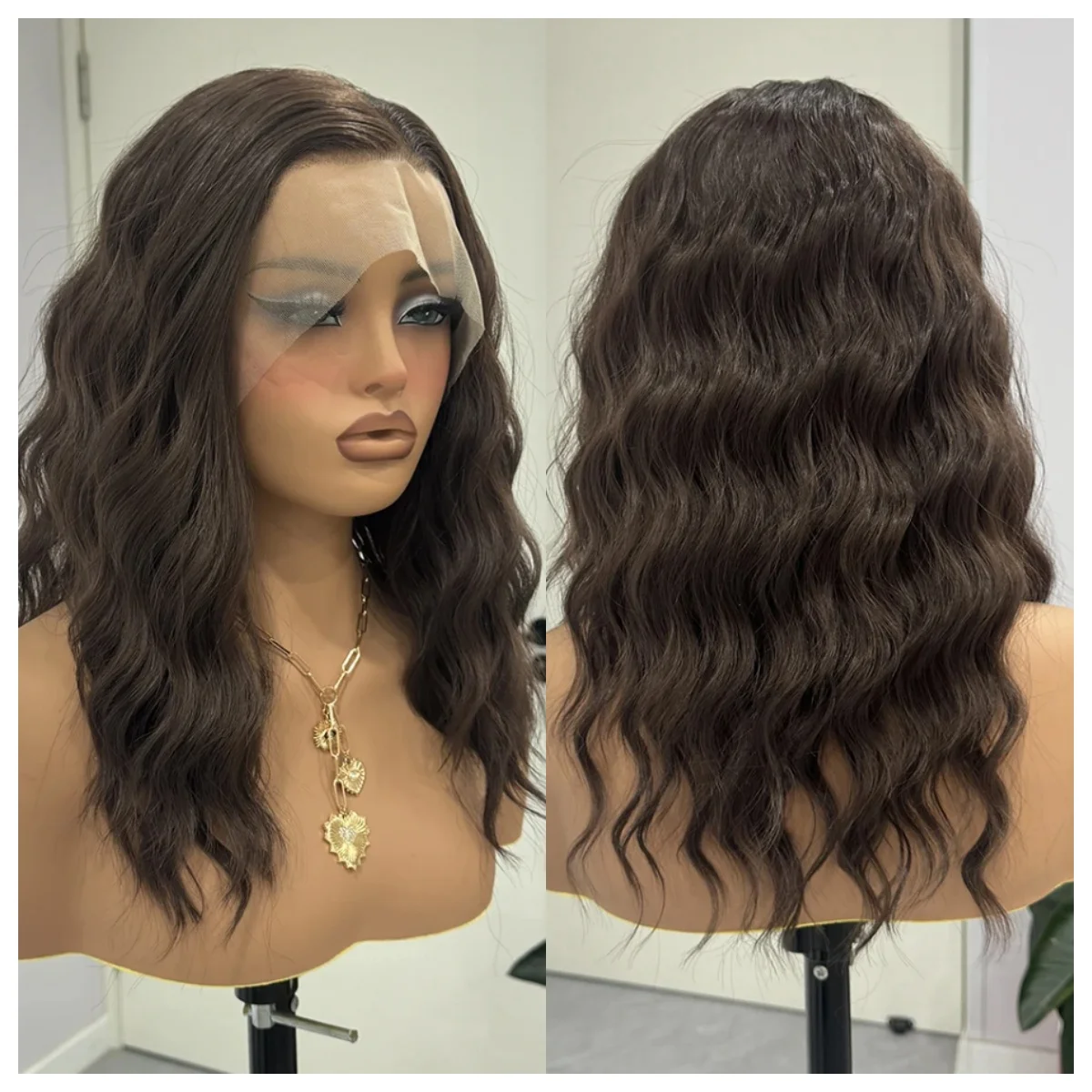 

Brown Wigs Long Wavy Wig Brunette 20 Inches Middle Part Wigs Synthetic Dark Brown Wig with Highlights Wig Natural Curly Hair Wig