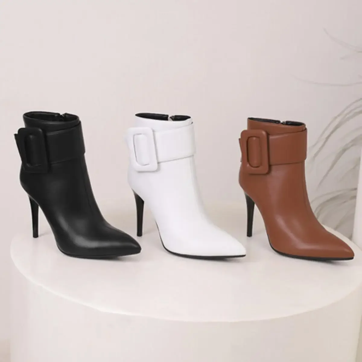 Womens Boots High Heels Pointed Toe Short  For  Classic Fashion  Buckles Platfrom