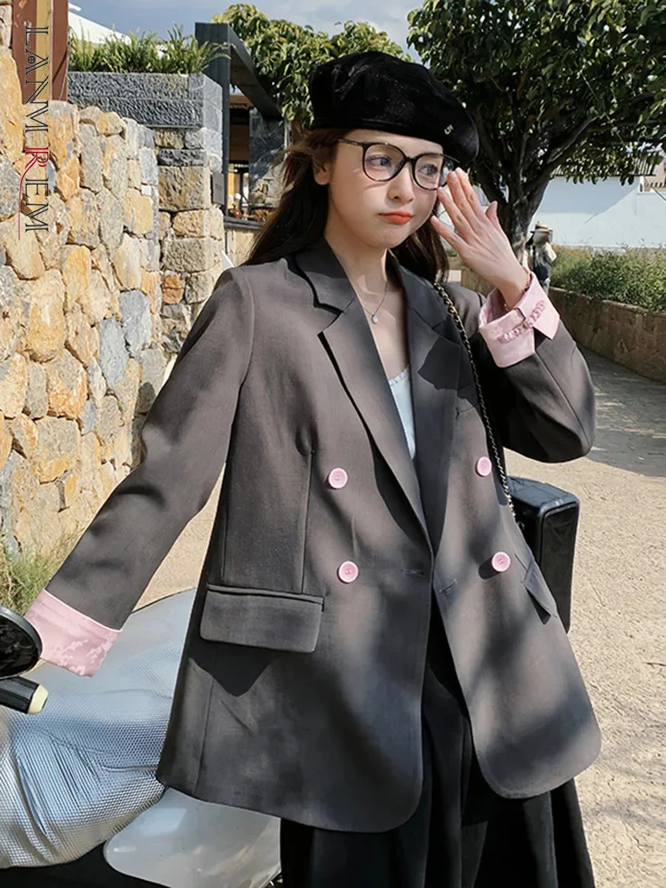 LANMREM New Chinese Style Blazer For Womne Notched Long Sleeves Pink Double Breasted Contrast Color Coat 2024 New 2DA5907