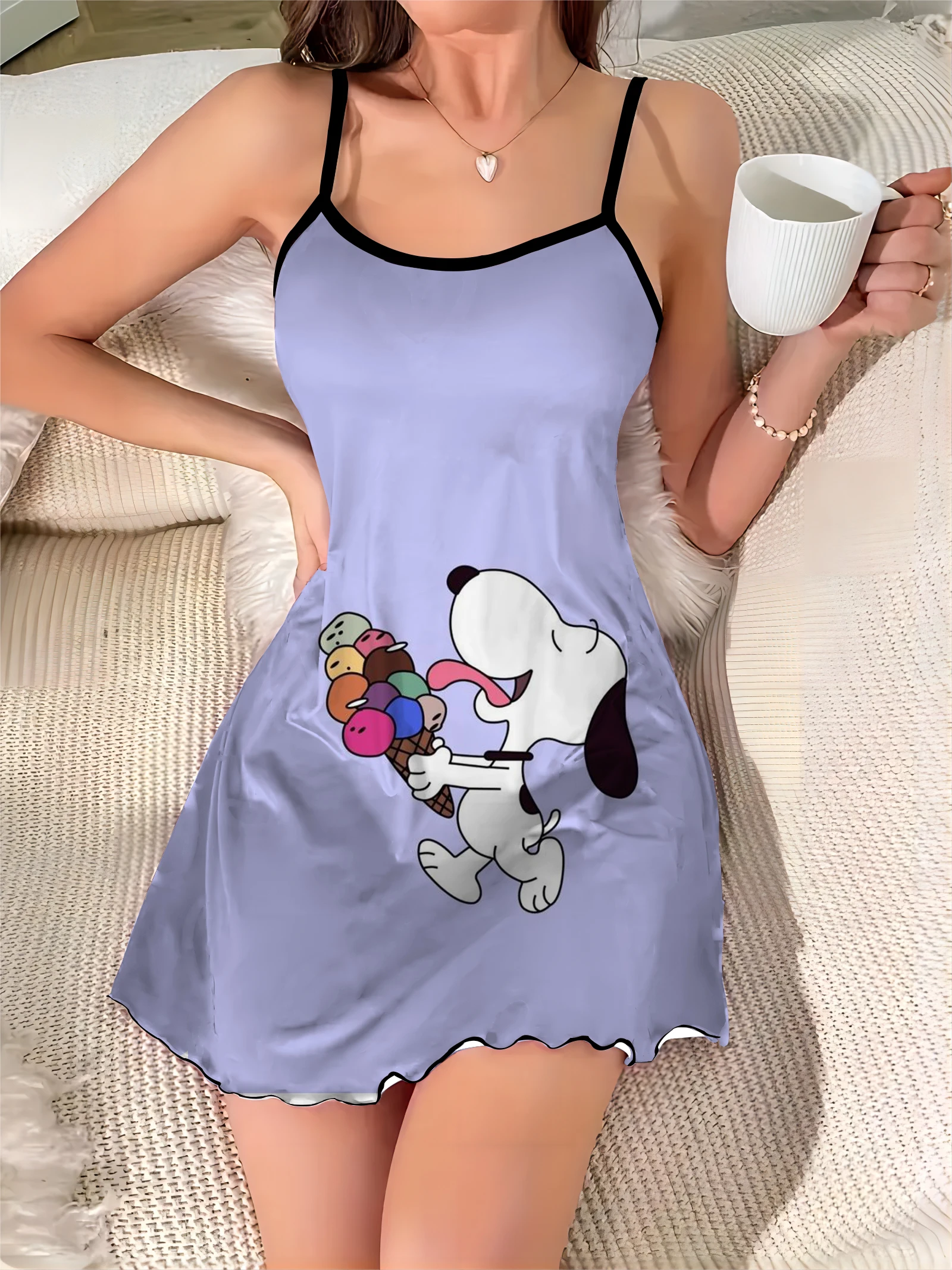 Elegante Kleider für Frauen sexy Kleid Pyjama Rock Snoopy Rundhals ausschnitt Salat besatz Satin Oberfläche Mode Sommer Chic Mini Trim