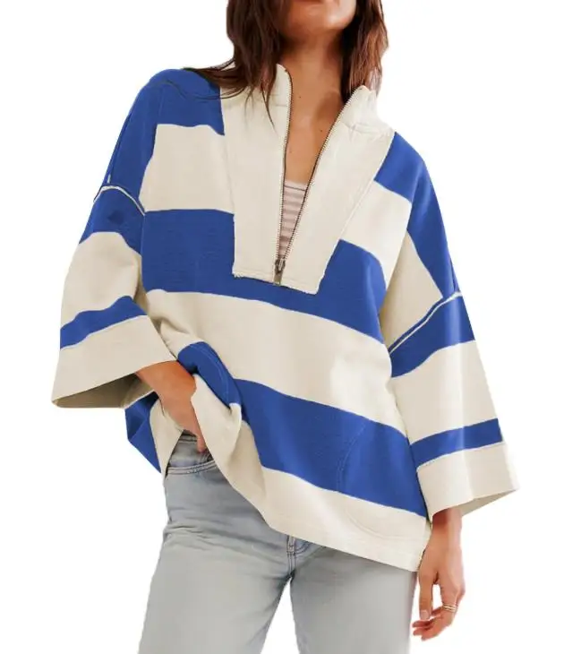 Women's Sweatshirts 2026 Spring Autumn New Striped Contrasting Half Zipper Design Stand Collar Long Sleeve Loose Pullover Top