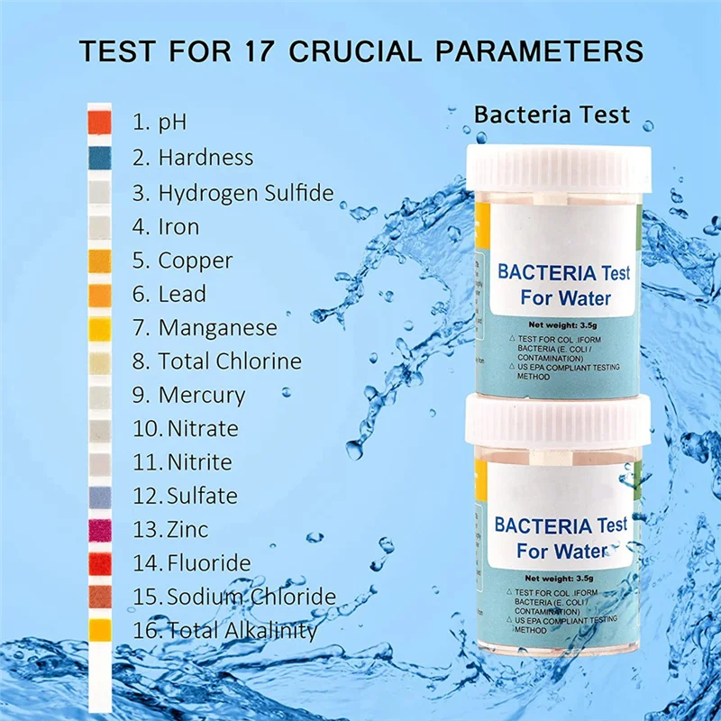 Kit tes air lengkap 17 dalam 1, untuk rumah, 100 Strip + 2 Kit pengujian air untuk air minum, pengujian mudah, PH, Lead