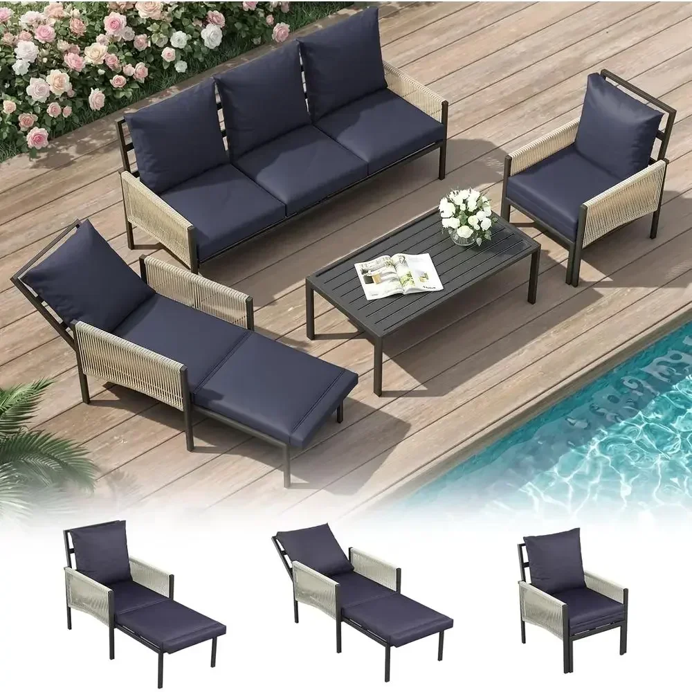 Patio urniture Set 5 Seats Outdoor Sectional Couch with Coee Central Table Patio Contion Sets or Porch Deck (k Blue, with Retrac