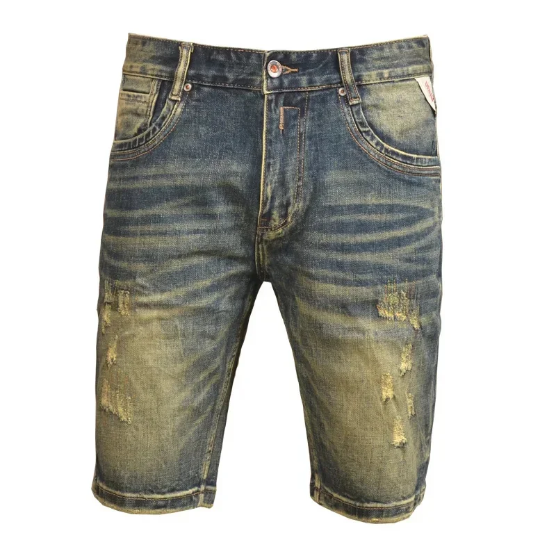 Zomer retro nostalgische gescheurde denim shorts heren trendy merk stretch slim fit high-end gewassen casual vijfkwart broek
