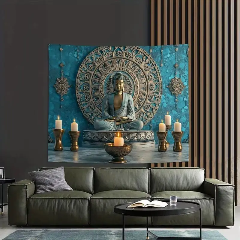VIKAMA Buddha Lotus Tapestry Golden Light Candle Print Wall Hanging For Living Room Meditation Yoga Decor Banner