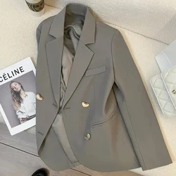 Korean Chic Suit Jacket Women Fashion Elegant Single Breasted Long Sleeve Loose Gray Autumn Jacket Office Lady Basic Tops