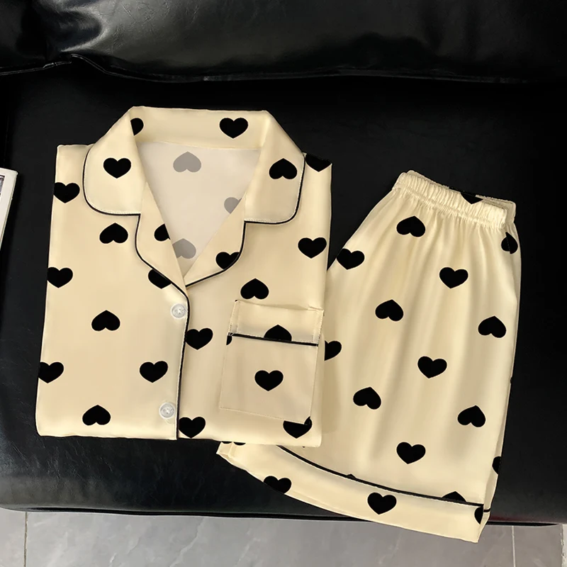 한국어 스타일 사랑 인쇄 여성 잠옷 캐주얼 여름 새로운 2025 패션 2 PC 잠옷 세트 짧은 옷깃 목 디자인 Loungewear 여자