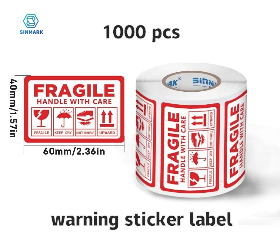 SINMARK 1000Pcs Fragile Warning Stickers Box Shipping Label English Fragile Products Label Handle With Care/Up/Keep Out of Rain