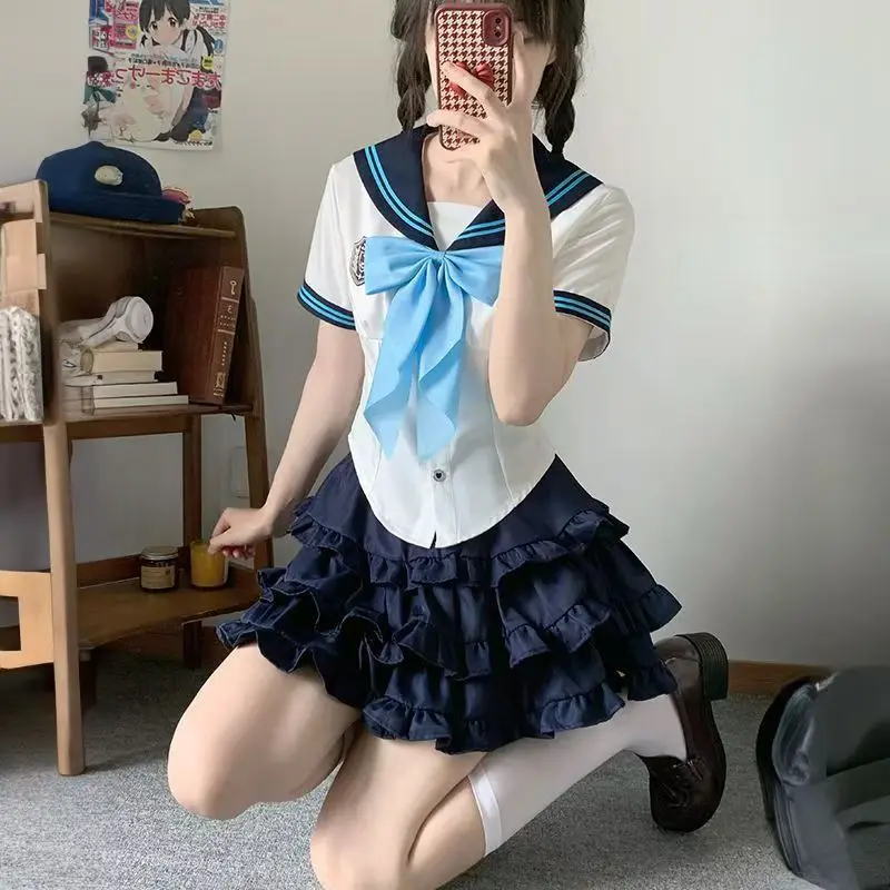 Japanische jk Uniform Seemann Outfits adrette Stil blau und weiß gemischte Farbe Streifen kurze Ärmel Top Falten rock Anzug für Mädchen