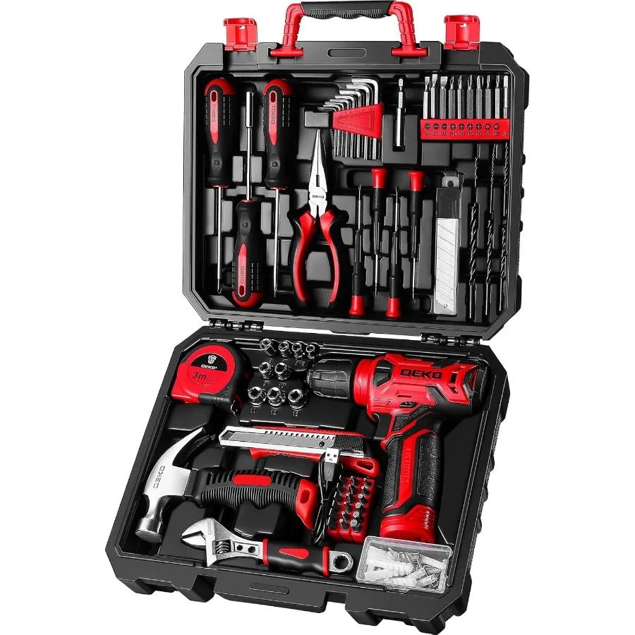 

DEKOPRO Drill Set: 126Piece Cordless Drill Tool Kit with 8V Red Drill for Home Use Complete Hand Tool Set Ideal for DIY Project