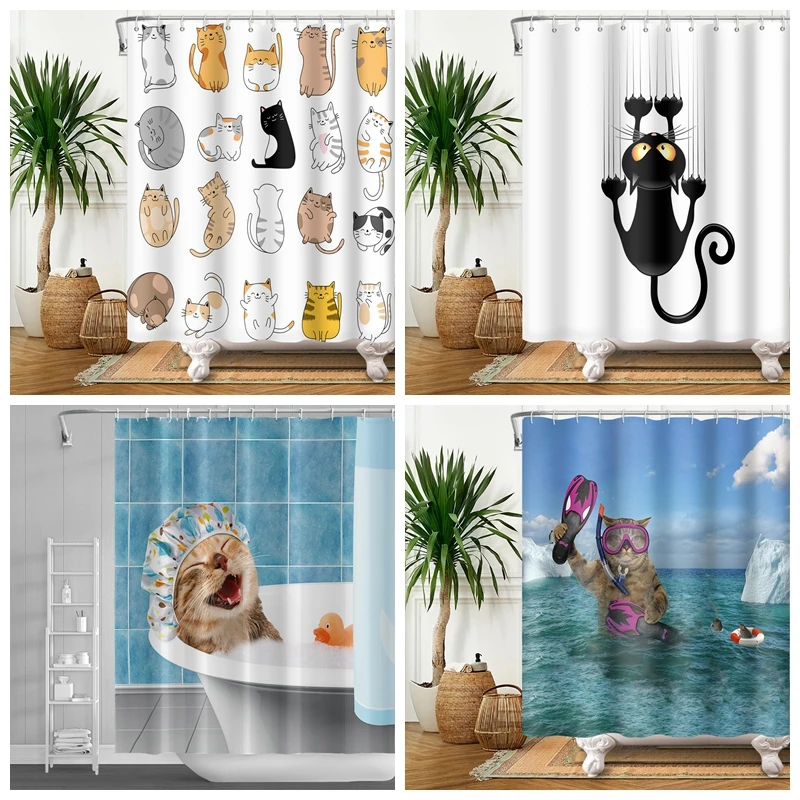 Funny Cat Shower Curtain Cute Animal Riding Whale Ocean Wave Fish Print Waterproof Polyester Fabric