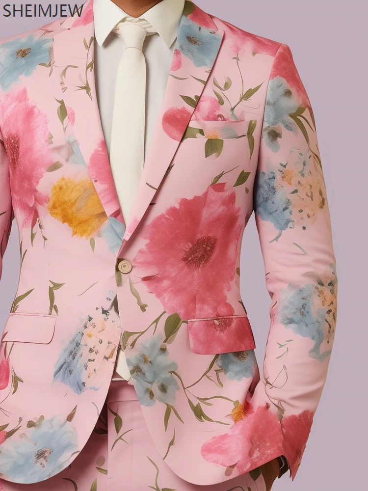 Traje ajustado con flores coloridas para hombre, traje informal con estampado 3d de plantas para boda, chaqueta para el Día de San Valentín, pantalones, conjunto de actuación para fiesta y fiesta