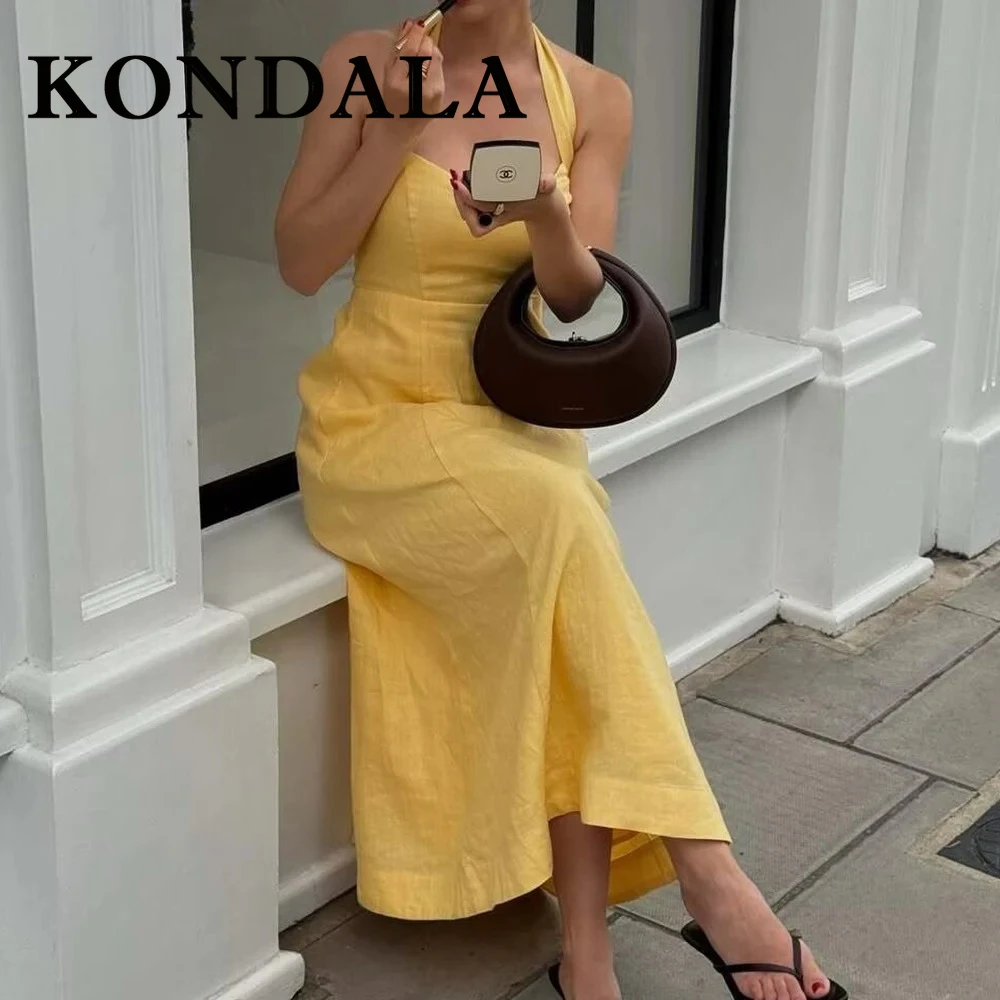 KONDALA Y2K Chic Yellow Streetwear Pleated Woman Dress Elegant Tank Sheath Dress Summer Night Party Fashion 2025 Halter Vestidos