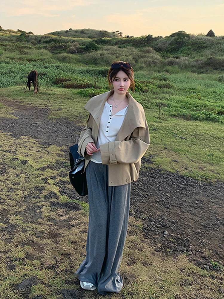 

Свободный крой, корейская женская куртка цвета хаки, ранняя осень, модная универсальная рабочая одежда, пальто, двубортное или Oute...