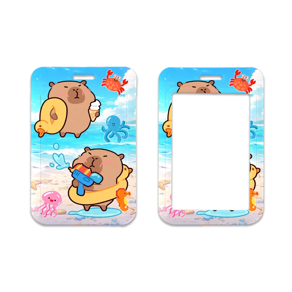 Cartoon Capybara Swimming Cute Door Card Case Hanging Rope Badge Holder Neck Strap Business Card Small Gift