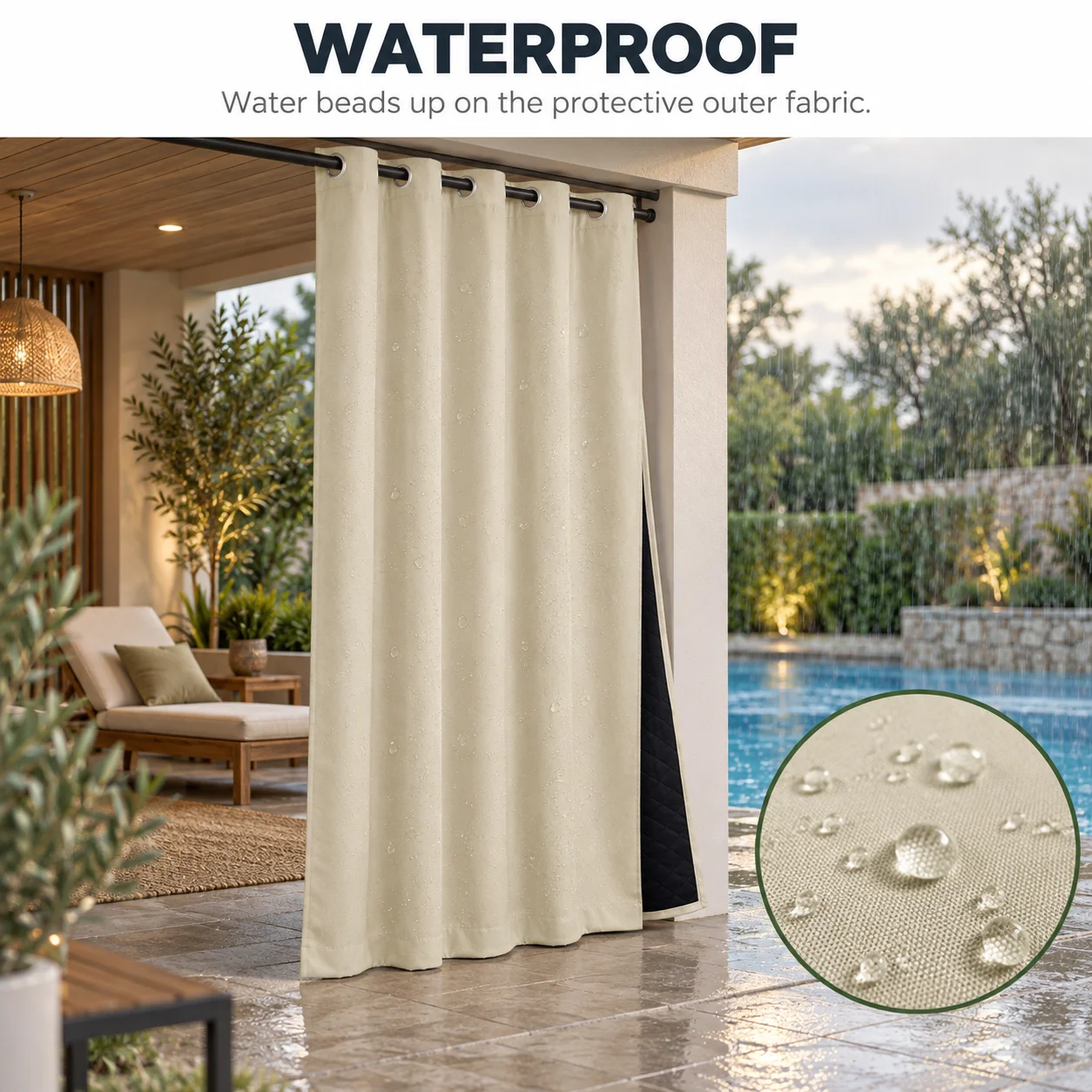 Tenda da esterno resistente per patio QELUS, tenda oscurante termoisolante impermeabile a 3 strati con bordo superiore con occhielli e fondo antivento con tasca per asta, ideale per gazebo e portico,