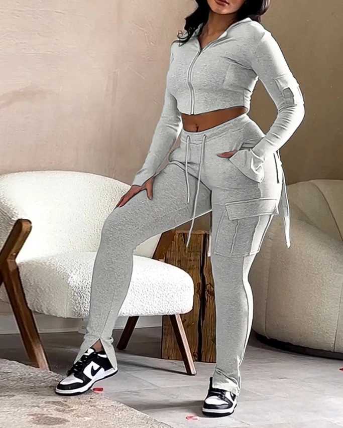 

Women's Tracksuit 2024 Autumn Sports Zipper Design Crop Hoodie & Pocket Drawstring V-Cut Waistline Cargo Joggers Sweatpants Set