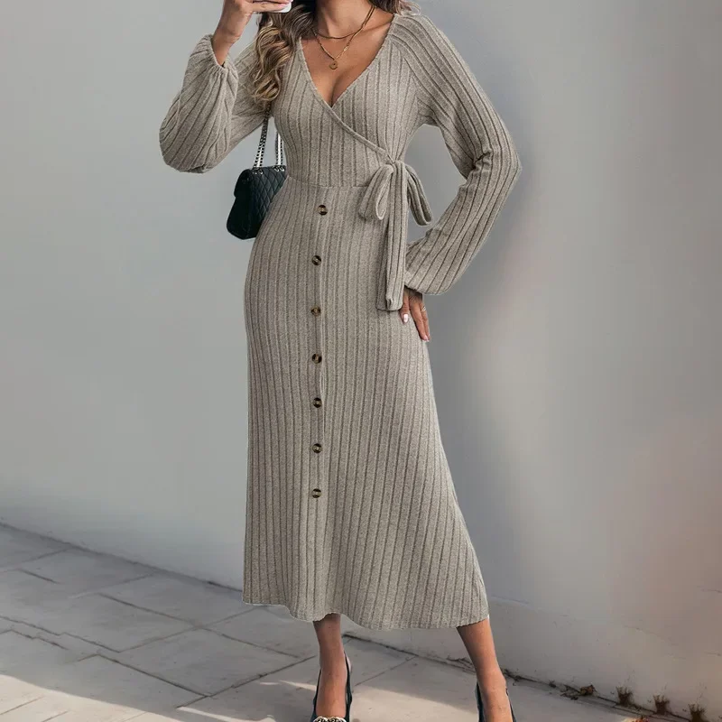 Pendulum Knitted Dress Long Sleeve Sexy Long Dress Women V-neck Solid Color Button-up A High Waist Summer Sexy Long Dress