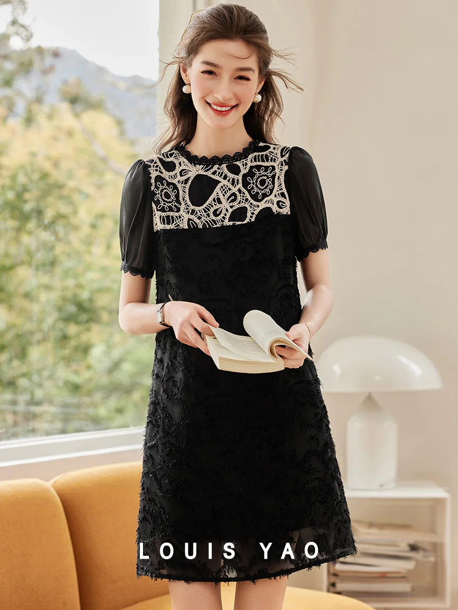 

LOUIS YAO 2025 Summer A-line Skirt Fashionable Non Elastic Lace Contrasting Color Cutting Pattern Women's Dress