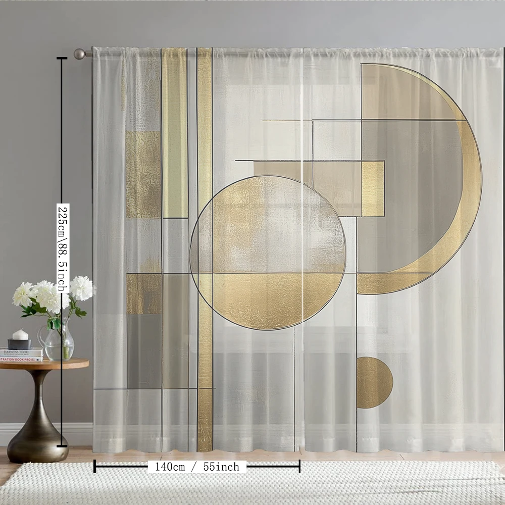 2Pcs Golden Gray Rectangular And Circular Print Home Decoration Window Screens Suitable For Kitchens, Cafes, Restaurants