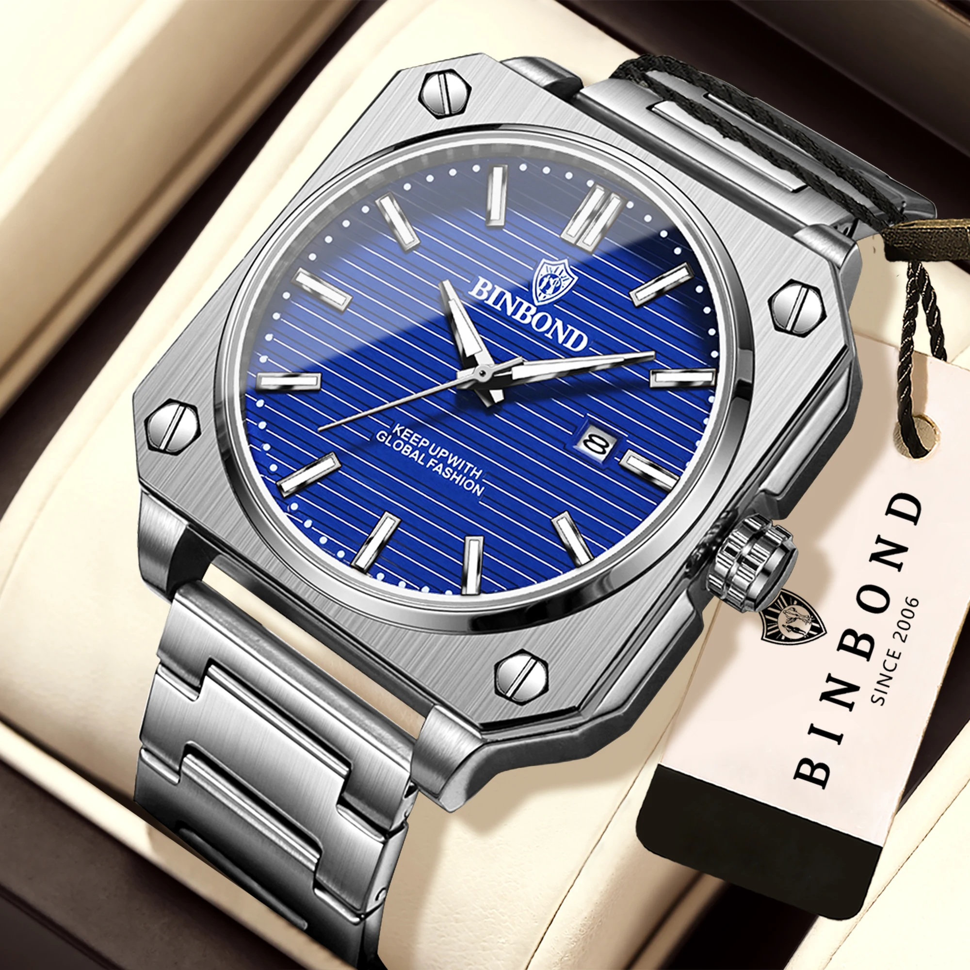 Montres-bracelets en quartz de luxe originales BINBOND pour hommes, lumineuses, étanches, avec date automatique, montre décontractée pour homme, cadeau pour lui