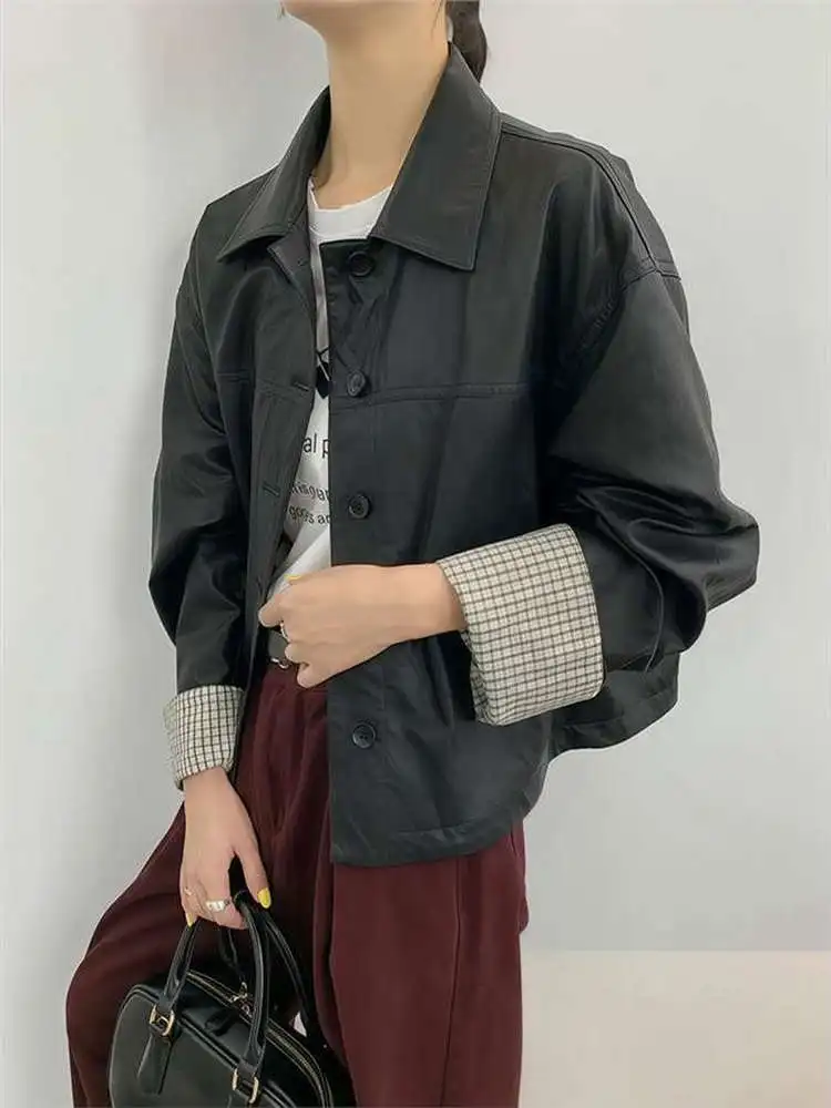 

Повседневная женская куртка из искусственной кожи с полосатыми вставками, осенняя новинка в корейском стиле, с 3D-эффектом омоложения, длинный рукав