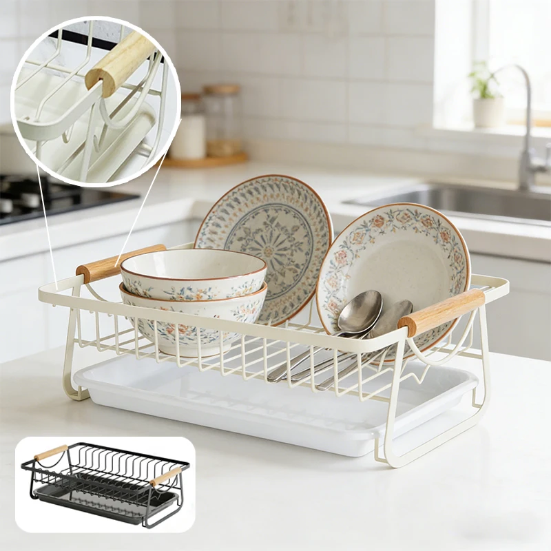 

Space Saving Dish Drying Rack Anti Fall Design Detachable Drain Tray Smooth Edge Metal Dish Organizer With Wooden Handle Rack