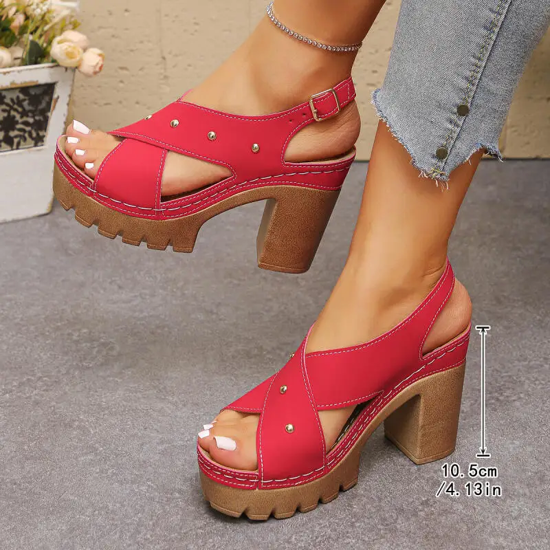 Vintage Super High Heel Cross Strap Gladiator Sandals Women Summer 2026 Metal Rivet Designer Ankle Strap Sandals Woman's Shoes