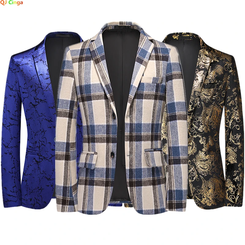 2024 New Men Suit Jacket, Gold Blue Casual Plaid Blazers, Men\'s Fashion Slim Coat, Asian Size M-5XL 6XL