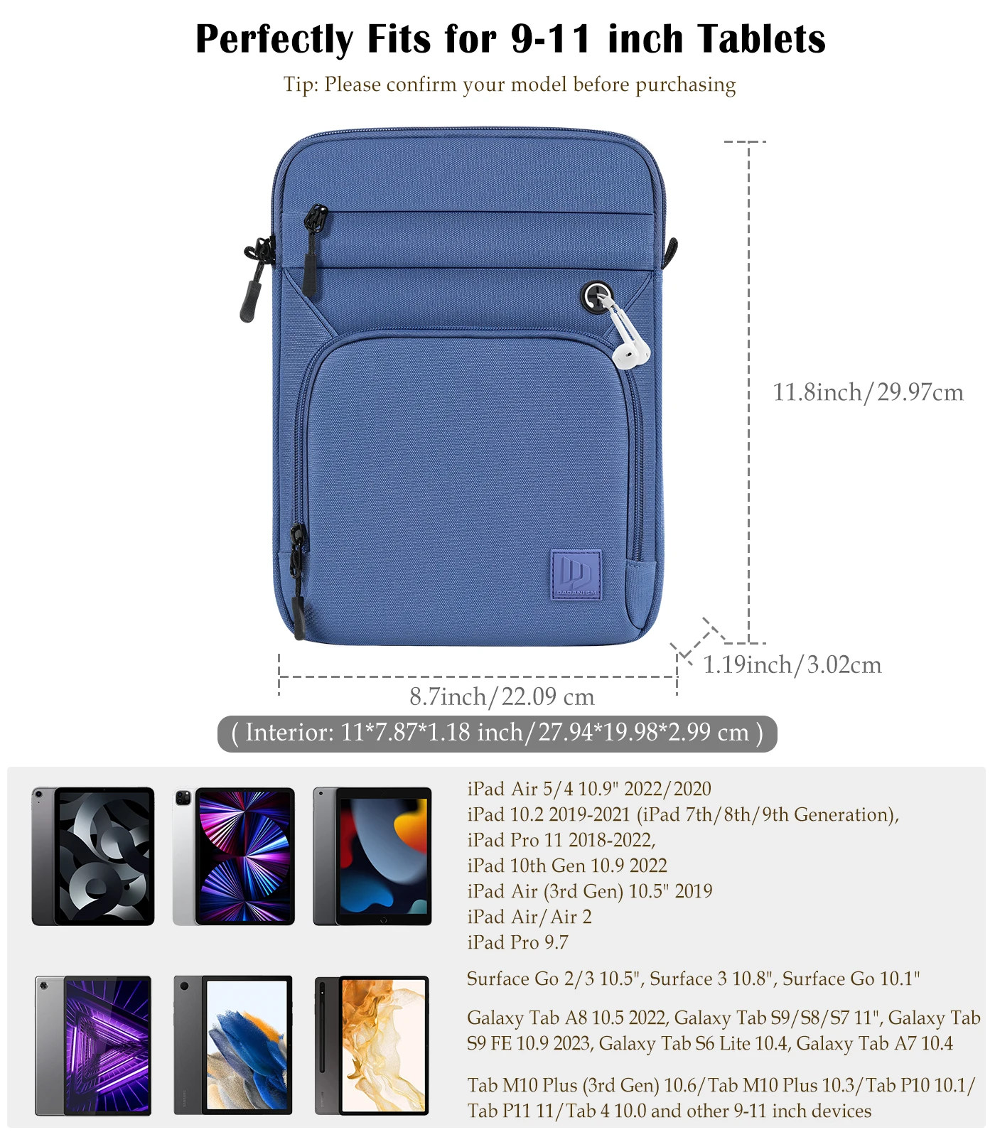 9-11 Inch Tablet Sleeve Bag for iPad Air 5/4 10.9 2022/2020,iPad 9/8/7th 10.2,iPad 10th Gen 10.9,iPad Pro 11,Galaxy S9 A8 S8 S6