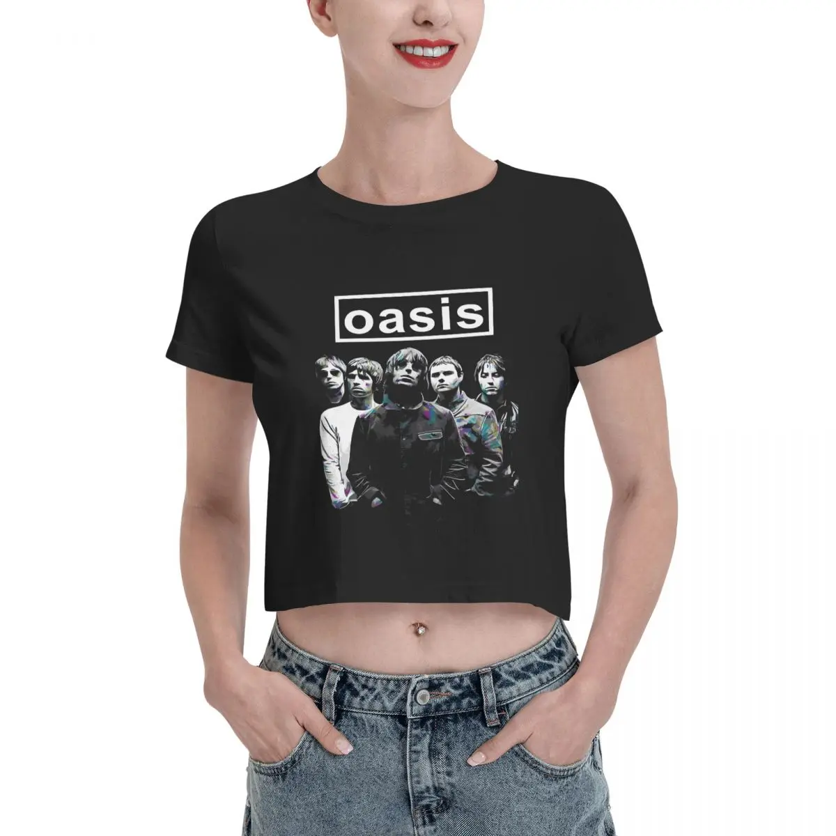 O-Oasis Rock 90's Band Leisure Leak navel T-shirt, Womens Summer Cotton Tee Fashion Crew Neck Short Sleeve T Shirts