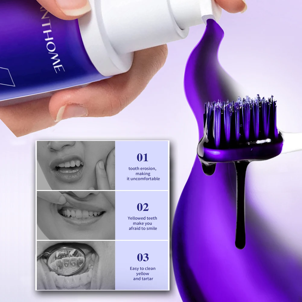 Mousse de limpieza Dental V34, pluma de esencia de reparación de blanqueamiento Dental púrpura, higiene bucal, pasta de dientes Corrector de Color para eliminar manchas dentales