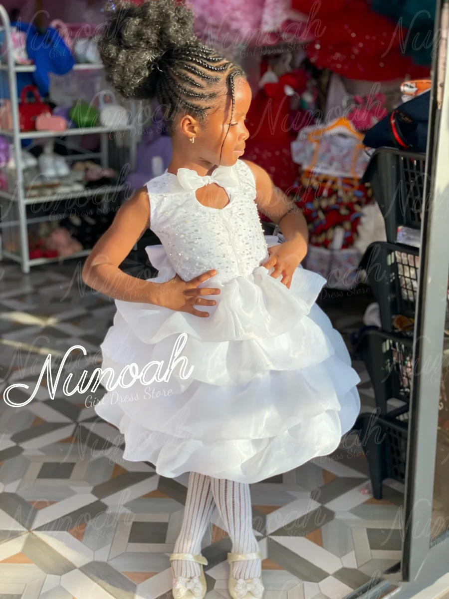 

White Flower Girl Dresses for Wedding O-Neck Knee Length Birthday Gowns for Photoshoot Sequins First Communion Gowns Customized