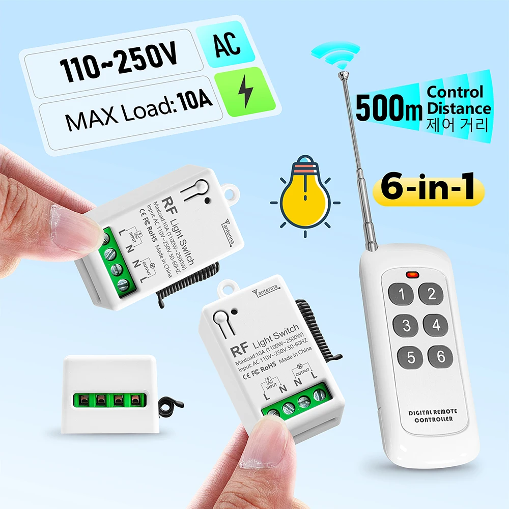 Bezprzewodowy zdalnie sterowany włącznik światła 433 MHz 110 V 220 V 230 V 10 A Mini moduł przekaźnika Zasięg 500 m Nadajnik 6 w 1 do lampy Wentylator LED — zdjęcie produktu 7