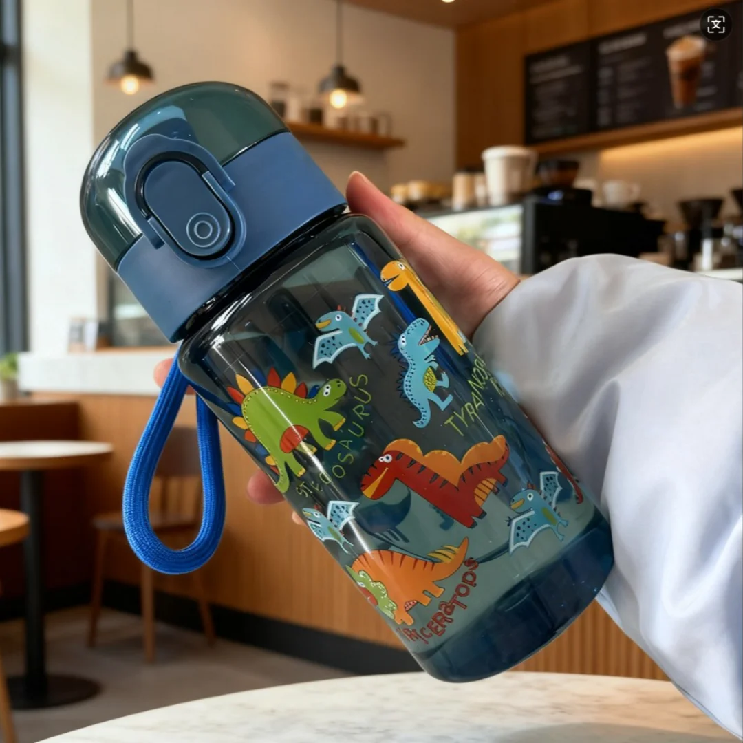 550ML Rainbow Dinosaur Elephant Printed Water Bottle, Fashion Portable Cup with Lanyard, Durable Lightweight Leakproof Large Cap image 5