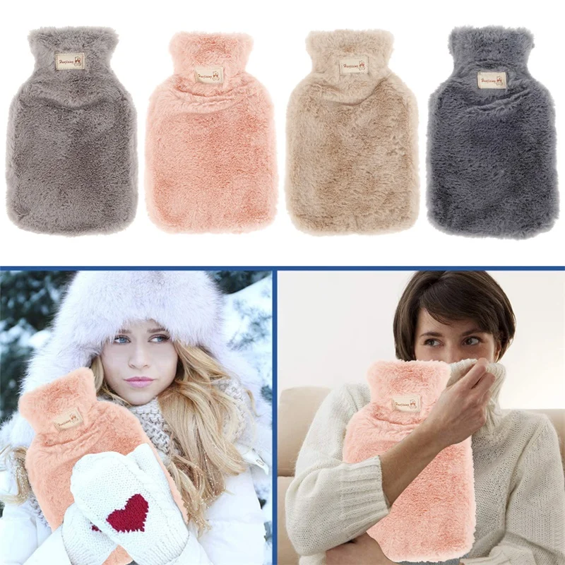 Winter Hot Water Bottles with Pure Natural Rubber Cosy Fluffy Plush Faux Fur Grey Cover Back Neck Waist Bed Hand Warm