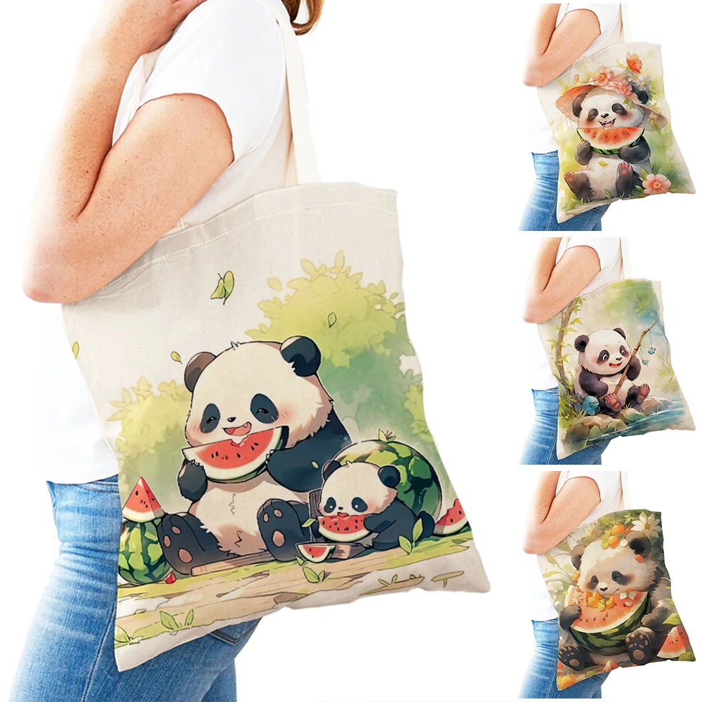 

Cartoon Chinese Panda Shopper Bags Double Print Cute Animal Gift Lady Tote Handbags Eco Daily Use Bags Women Shopping Bag