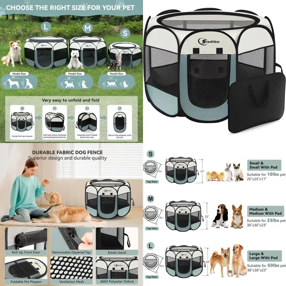 

Portable Grey Dog and Cat Playpen, Indoor/Outdoor Pet Enclosure with Carry Bag