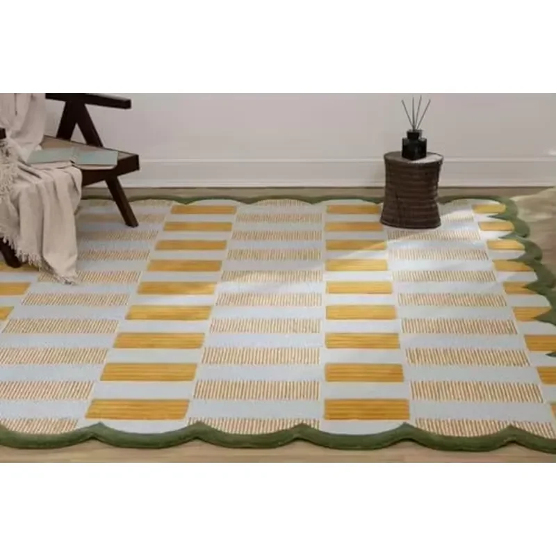 for Machine Made Wool Rug Scalloped Edges Light Blue Plaid Pattern Cozy Soft Washable Jute Backing Modern Accent Rug Home
